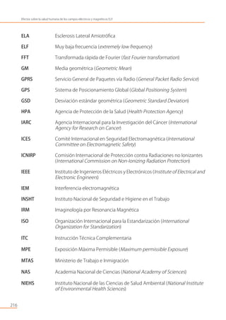 216
Efectos sobre la salud humana de los campos eléctricos y magnéticos ELF
ELA Esclerosis Lateral Amiotróﬁca
ELF Muy baja frecuencia (extremely low frequency)
FFT Transformada rápida de Fourier (fast Fourier transformation)
GM Media geométrica (Geometric Mean)
GPRS Servicio General de Paquetes vía Radio (General Packet Radio Service)
GPS Sistema de Posicionamiento Global (Global Positioning System)
GSD Desviación estándar geométrica (Geometric Standard Deviation)
HPA Agencia de Protección de la Salud (Health Protection Agency)
IARC Agencia Internacional para la Investigación del Cáncer (International
Agency for Research on Cancer)
ICES Comité Internacional en Seguridad Electromagnética (International
Committee on Electromagnetic Safety)
ICNIRP Comisión Internacional de Protección contra Radiaciones no Ionizantes
(International Commission on Non-Ionizing Radiation Protection)
IEEE Instituto de Ingenieros Eléctricos y Electrónicos (Institute of Electrical and
Electronic Engineers)
IEM Interferencia electromagnética
INSHT Instituto Nacional de Seguridad e Higiene en el Trabajo
IRM Imaginología por Resonancia Magnética
ISO Organización Internacional para la Estandarización (International
Organization for Standarization)
ITC Instrucción Técnica Complementaria
MPE Exposición Máxima Permisible (Maximum permissible Exposure)
MTAS Ministerio de Trabajo e Inmigración
NAS Academia Nacional de Ciencias (National Academy of Sciences)
NIEHS Instituto Nacional de las Ciencias de Salud Ambiental (National Institute
of Environmental Health Sciences)
 