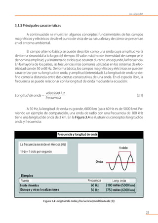 3.1.3 Principales características
A continuación se muestran algunos conceptos fundamentales de los campos
magnéticos y eléctricos desde el punto de vista de su naturaleza y de cómo se presentan
en el entorno ambiental.
El campo alterno básico se puede describir como una onda cuya amplitud varía
de forma sinusoidal a lo largo del tiempo. Al valor máximo de intensidad de campo se le
denomina amplitud, y al número de ciclos que ocurren durante un segundo, la frecuencia.
En la mayoría de los países, las frecuenciasmás comunes utilizadas en los sistemas de elec-
tricidad son de 50 o 60 Hz. De forma básica, los campos magnéticos y eléctricos se pueden
caracterizar por su longitud de onda, y amplitud (intensidad). La longitud de onda se de-
ﬁne como la distancia entre dos crestas consecutivas de una onda. En el espacio libre, la
frecuencia se puede relacionar con la longitud de onda mediante la ecuación:
velocidad luz
Longitud de onda = (3.1)
frecuencia
A 50 Hz, la longitud de onda es grande, 6000 km (para 60 Hz es de 5000 km). Po-
niendo un ejemplo de comparación, una onda de radio con una frecuencia de 100 kHz
tiene una longitud de onda de 3 km. En la Figura 3.4 se ilustran los conceptos longitud de
onda y frecuencia:
Figura 3.4 Longitud de onda y frecuencia (modiﬁcada de [3])
23
Los campos ELF
 