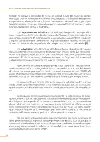 tiﬁcados no excluye la posibilidad de efectos en la salud incluso con niveles de campo
muy bajos. Entre los numerosos mecanismos propuestos para la interacción directa de los
campos dentro del cuerpo humano, hay tres que destacan más que los otros, por su po-
tencial actuación a niveles más bajos del campo: los campos eléctricos inducidos en redes
neurales, los radicales libres y la magnetita.
Los campos eléctricos inducidos en los tejidos por la exposición a campos eléc-
tricos o magnéticos de ELF estimulan directamente las ﬁbras nerviosas mielinizadas (ﬁbras
que contienen una vaina de mielina) cuando la intensidad del campo interno es superior
a algunos voltios por metro. La transmisión sináptica en las redes neurales, en contrapo-
sición a las células aisladas, se puede ver afectada por campos mucho más débiles [2].
Los radicales libres son átomos o moléculas que han perdido algún electrón de
las capas externas como consecuencia de roturas en sus enlaces, por lo que tienen elec-
trones libres (desemparejados) con una gran capacidad para reaccionar (o recombinarse)
con otras moléculas de forma muy rápida, en microsegundos. Se generan de forma natural
en las reacciones bioquímicas que tienen lugar en el organismo.
Teóricamente, un campo magnético puede actuar sobre estos radicales aumen-
tando su concentración o prolongando el tiempo que pueden estar activos. Existen evi-
dencias de que un campo magnético estático extraordinariamente intenso (100000 µT)
puede alterar la dinámica de reacciones en las que están involucradas radicales libres. La
recombinación de los radicales libres puede dañar otras fórmulas, por ejemplo el ADN.
Se ha propuesto que campos intensos de frecuencia industrial pueden tener un
efecto similar, aunque lo importante es si este fenómeno se puede dar a las intensidades
que se encuentran habitualmente en viviendas o en las cercanías de instalaciones eléctri-
cas.
Esto no parece posible, puesto que un campo de 50 Hz cada ciclo dura 20 milise-
gundos, mientras que los radicales libres reaccionan con otras moléculas en microsegun-
dos. Así pues, un campo de 50 Hz se comporta en realidad como un campo estático
durante el tiempo que duran las reacciones químicas de estos radicales. Dado que en la
tierra existe un campo magnético geoestático natural entre 30 y 70 µT, sólo cabría esperar
que campos magnéticos de 50 o 60 Hz ejercieran algún efecto sobre estas reacciones si
su intensidad fuera netamente superior a la del campo estático terrestre.
Por otra parte, se ha comprobado experimentalmente que no se incrementa el
daño genético en células expuestas a un campo magnético de hasta 5000 µT, aunque se
aumenten los niveles de radicales libres, por lo que no se puede concluir que los campos
electromagnéticos, a estas intensidades, modiﬁquen la interacción de los radicales libres
con moléculas importantes como el ADN.
58
Efectos sobre la salud humana de los campos eléctricos y magnéticos ELF
 