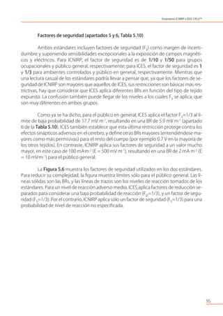 Factores de seguridad (apartados 5 y 6, Tabla 5.10)
Ambos estándares incluyen factores de seguridad (Fs) como margen de incerti-
dumbre y suponiendo sensibilidades excepcionales a la exposición de campos magnéti-
cos y eléctricos. Para ICNIRP, el factor de seguridad es de 1/10 y 1/50 para grupos
ocupacionales y público general, respectivamente; para ICES, el factor de seguridad es 1
y 1/3 para ambientes controlados y público en general, respectivamente. Mientras que
una lectura casual de los estándares podría llevar a pensar que, ya que los factores de se-
guridad de ICNIRP son mayores que aquellos de ICES, sus restricciones son básicas más res-
trictivas, hay que considerar que ICES aplica diferentes BRs en función del tipo de tejido
expuesto. La confusión también puede llegar de los niveles a los cuales Fs se aplica, que
son muy diferentes en ambos grupos.
Como ya se ha dicho, para el público en general, ICES aplica el factor Fs=1/3 al lí-
mite de baja probabilidad de 17.7 mV m-1
, resultando en una BR de 5.9 mV m-1
(apartado
6 de la Tabla 5.10). ICES también establece que esta última restricción protege contra los
efectos sinápticos adversos en el cerebro, y deﬁne otras BRs mayores (entendiéndose ma-
yores como más permisivas) para el resto del cuerpo (por ejemplo 0.7 V en la mayoría de
los otros tejidos). En contraste, ICNIRP aplica sus factores de seguridad a un valor mucho
mayor, en este caso de 100 mA•
m-2
(E = 500 mV m-1
), resultando en una BR de 2 mA m-2
(E
= 10 mV•
m-1
) para el público general.
La Figura 5.6 muestra los factores de seguridad utilizados en los dos estándares.
Para reducir su complejidad, la ﬁgura muestra límites sólo para el público general. Las lí-
neas sólidas son las BRs, y las líneas de trazos son los niveles de reacción tomados de los
estándares. Para un nivel de reacción adverso medio, ICES aplica factores de reducción se-
parados para considerar una baja probabilidad de reacción (Fp=1/3), y un factor de segu-
ridad (Fs=1/3). Por el contrario, ICNIRP aplica sólo un factor de seguridad (Fs=1/3) para una
probabilidad de nivel de reacción no especiﬁcada.
95
Estándares ICNIRP e IEEE C95.6TM
 