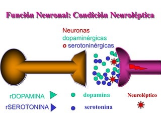 Función Neuronal: Condición Neuroléptica
rDOPAMINA
rSEROTONINA
dopamina
serotonina
Neuroléptico
Neuronas
dopaminérgicas
o serotoninérgicas
 