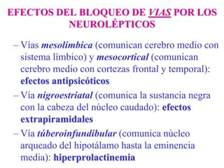 EFECTOS DEL BLOQUEO DE VIAS POR LOS
NEUROLÉPTICOS
– Vías mesolímbica (comunican cerebro medio con
sistema límbico) y mesocortical (comunican
cerebro medio con cortezas frontal y temporal):
efectos antipsicóticos
– Vía nigroestriatal (comunica la sustancia negra
con la cabeza del núcleo caudado): efectos
extrapiramidales
– Vía túberoinfundibular (comunica núcleo
arqueado del hipotálamo hasta la eminencia
media): hiperprolactinemia
 