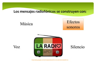 https://play.google.com/store/apps/details?id=com.aldroid.laradio&hl=es
Los mensajes radiofónicos se construyen con:
Voz
Música Efectos
sonoros
Silencio
 
