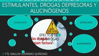 EFECTOS DE LAS DROGAS
ESTIMULANTES, DROGAS DEPRESORAS Y
ALUCINÓGENOS
EFECTOS DE
LAS DROGAS
ESTIMULANTES DEPRESORAS
ALUCINOGENOS
 TTE. MAILLIW GUERRERO QUIÑONES
 