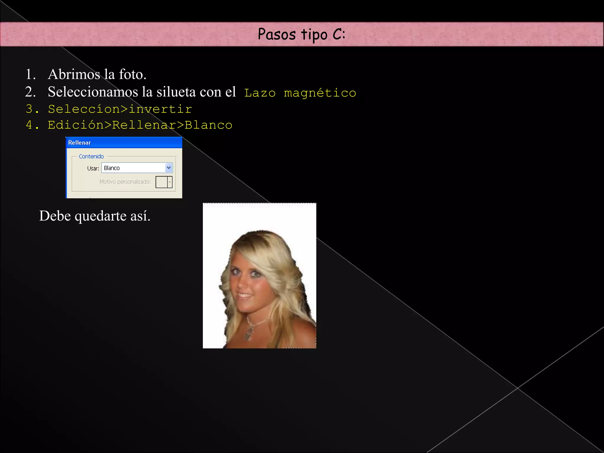 Pasos tipo B:Vamos aFiltros>Artístico>Espátula con los siguientes valores (aunque pueden variar):Creamos una capa nueva, i la pintaras con el bote de pintura con                           un color vistoso que os guste. Luego la pondréis debajo de vuestra          fotografía.Vamos a la capa de vuestra fotografía y ahora vamos a quitar lo blanco con el “borrador mágico”. Si os equivocáis de zona recordar que para retroceder es CTRL+Z y no os preocupéis si quedan trozos pequeños blancos.