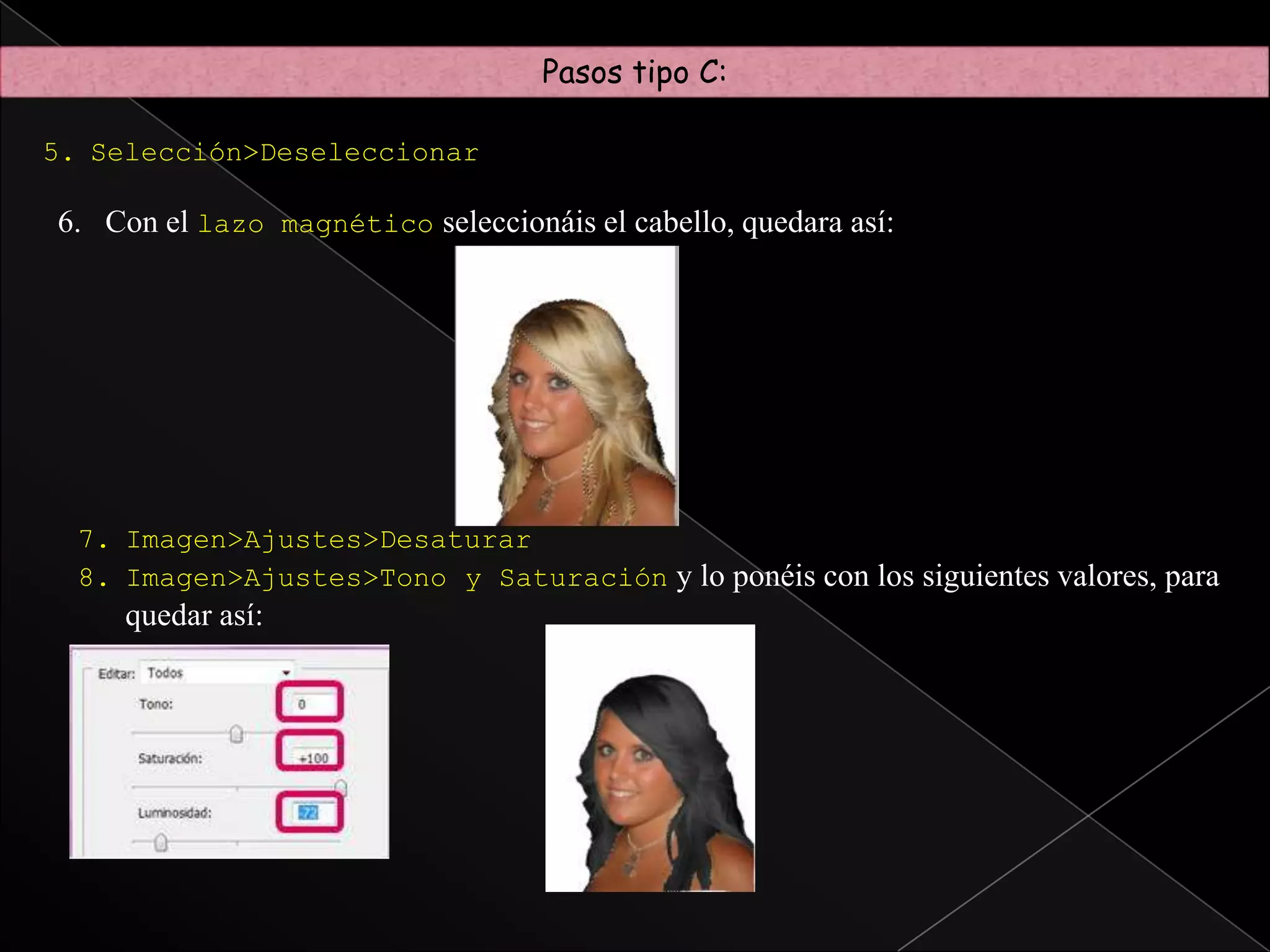 Pasos tipo B:Creáis un texto encima que cubra toda la fotografía con un tamaño de	letra de 8 o más pequeño y un color blanco para que destaque y ponéis el texto que queréis. Luego con ctrl+c copiamos la palabra, y con ctrl+v la copiamos hasta 	rellenarlo todo.Ahora con el texto terminado, seleccionamos encima de esa capa el botón derecho	del ratón y seleccionamos “rasterizar texto”.Ahora hacemos (ctrl + clic) a la capa de nuestra foto de miniatura de la paleta.	Así nos habrán quedado marcados los pixeles de esa capa.Le damos clilc normal a la capa de texto.Ctrl+C (para copiar el texto)Le damos clic a la foto de nuestra imagen.Ctrl+V (donde nos creara una nueva capa con la silueta de nuestra foto con letras)Lo podéis comprobar  dejando ver solo la capa nueva y el fondo. (cerrando el ojo)Borramos la capa de nuestra imagen y la del texto, para dejar solamente la nueva y el fondo.
