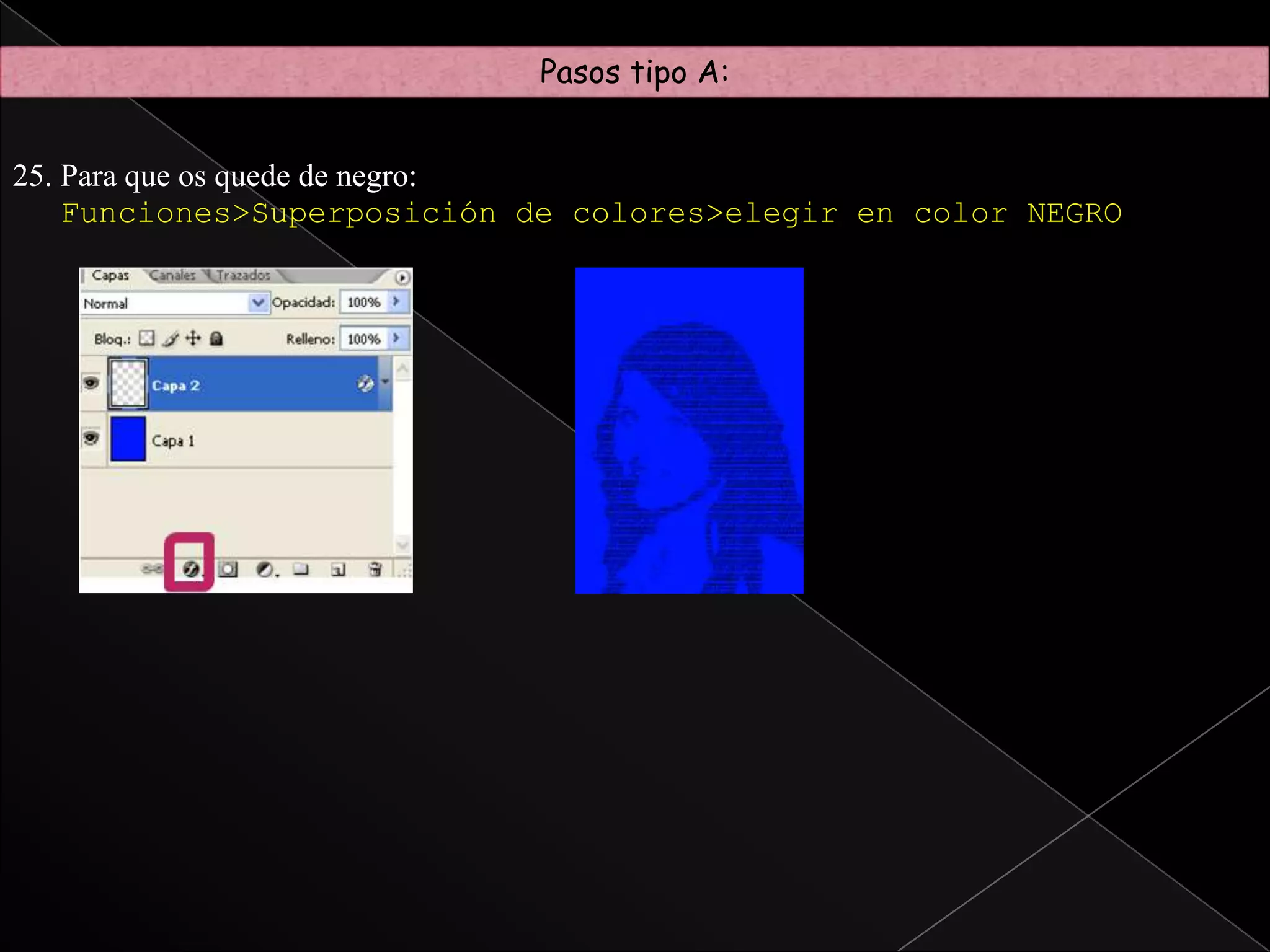  Para terminar el efecto y que quede como el de “finalmente”, todos los tipos lo terminaran igual. Ir a la dispositiva de título “últimos pasos”.Pasos tipo A:Abrir foto.EjecutarImagen>Ajustes>Umbral. (en el umbral no hay un valor exacto, yo he aplicado el siguiente).Vamos a Filtros>Artístico>Espátula con los siguientes valores (aunque pueden variar):