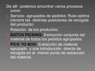 De allí  podemos encontrar varios procesos como: Servicio  agrupados de pedidos: Ruta optima (recorre las  distintas posiciones de recogida del producto) Rotación  de los productos: BATCH PICKING:  Extracción conjunta del  material de todos los pedidos agrupados.  PICK TO BOX:  Extracción de material  agrupado  y una introducción  directa de recogida en el  mismo punto de extracción  del material. 