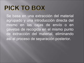 Se basa en una extracción del material agrupado y una introducción directa del mismo en las cajas de envío o en gavetas de recogida en el mismo punto de extracción del material, eliminando así el proceso de separación posterior . 