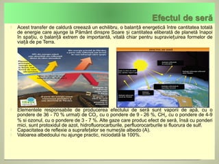    Acest transfer de caldură creează un echilibru, o balanță energetică între cantitatea totală
    de energie care ajunge la Pământ dinspre Soare și cantitatea eliberată de planetă înapoi
    în spațiu, o balanță extrem de importantă, vitală chiar pentru supraviețuirea formelor de
    viață de pe Terra.




   Elementele responsabile de producerea efectului de seră sunt vaporii de apă, cu o
    pondere de 36 - 70 % urmați de CO2, cu o pondere de 9 - 26 %, CH4, cu o pondere de 4-9
    % si ozonul, cu o pondere de 3 - 7 %. Alte gaze care produc efect de seră, însă cu ponderi
    mici, sunt protoxidul de azot, hidrofluorocarburile, perfluorocarburile si fluorura de sulf.
   Capacitatea de reflexie a suprafețelor se numește albedo (A).
   Valoarea albedoului nu ajunge practic, niciodată la 100%.
 