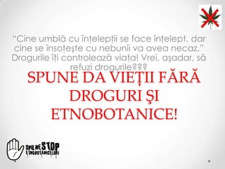 “Cine umblă cu înţelepţii se face înţelept, dar
cine se însoţeşte cu nebunii va avea necaz.”
Drogurile îţi controlează viaţa! Vrei, aşadar, să
                refuzi drogurile???
   SPUNE DA VIEŢII FĂRĂ
       DROGURI ŞI
     ETNOBOTANICE!
 