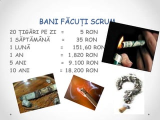 BANI FĂCUŢI SCRUM...
20 ŢIGĂRI PE ZI   =      5 RON
1 SĂPTĂMÂNĂ        =    35 RON
1 LUNĂ            =   151,60 RON
1 AN              = 1.820 RON
5 ANI             = 9.100 RON
10 ANI            = 18.200 RON
 