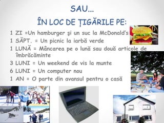 SAU...
         ÎN LOC DE ŢIGĂRILE PE:
1 ZI =Un hamburger şi un suc la McDonald’s
1 SĂPT. = Un picnic la iarbă verde
1 LUNĂ = Mâncarea pe o lună sau două articole de
  îmbrăcăminte
3 LUNI = Un weekend de vis la munte
6 LUNI = Un computer nou
1 AN = O parte din avansul pentru o casă
 