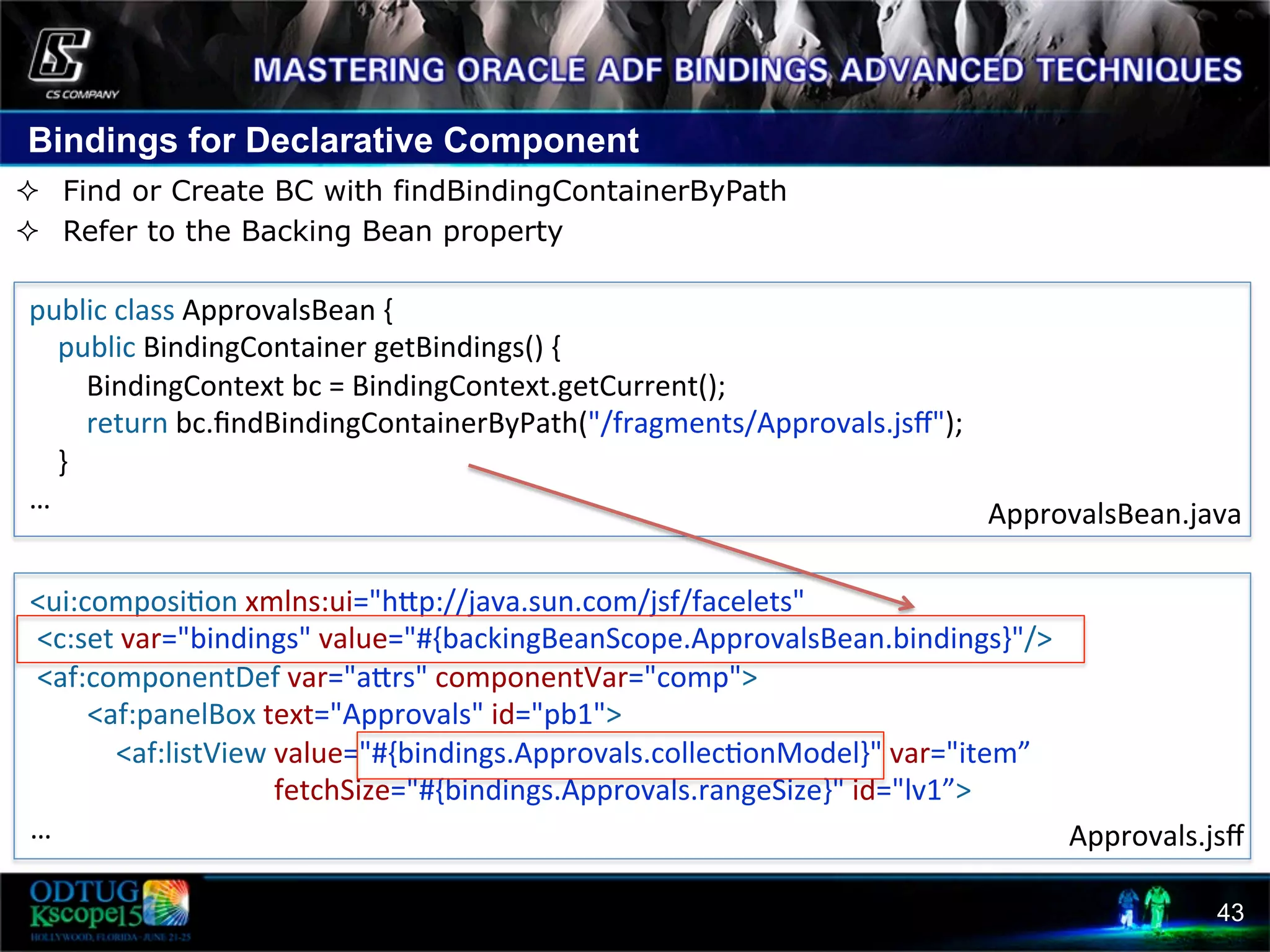 Bindings for Declarative Component 43 ²  Find or Create BC with findBindingContainerByPath ²  Refer to the Backing Bean property     public  class  ApprovalsBean  {          public  BindingContainer  getBindings()  {                  BindingContext  bc  =  BindingContext.getCurrent();                  return  bc.ﬁndBindingContainerByPath("/fragments/Approvals.jsﬀ");          }   …   <ui:composi8on  xmlns:ui="hcp://java.sun.com/jsf/facelets"      <c:set  var="bindings"  value="#{backingBeanScope.ApprovalsBean.bindings}"/>    <af:componentDef  var="acrs"  componentVar="comp">                  <af:panelBox  text="Approvals"  id="pb1">                          <af:listView  value="#{bindings.Approvals.collec8onModel}"  var="item”                                                                      fetchSize="#{bindings.Approvals.rangeSize}"  id="lv1”>   …   ApprovalsBean.java   Approvals.jsﬀ   