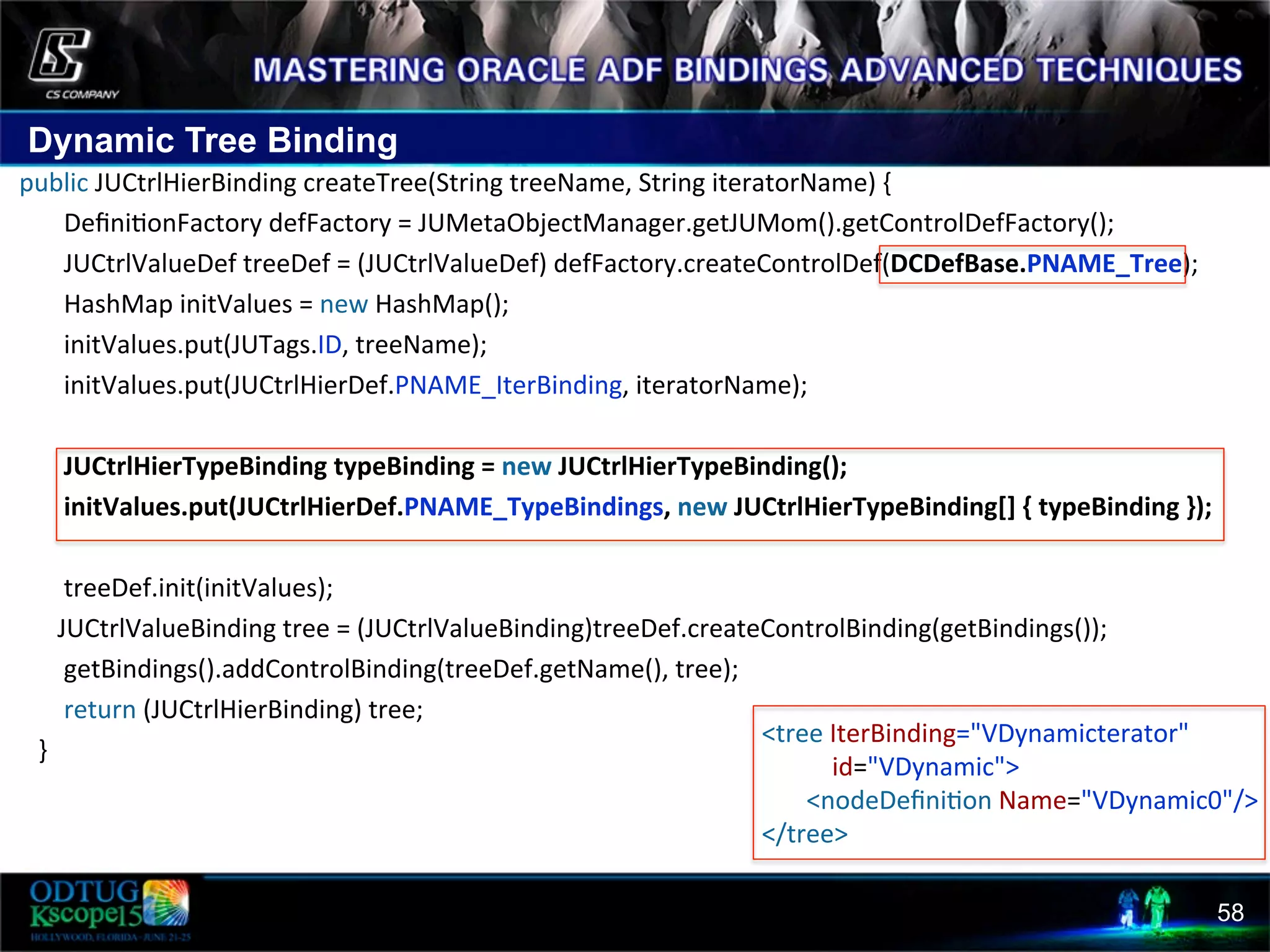 Dynamic Tree Binding 58  public  JUCtrlHierBinding  createTree(String  treeName,  String  iteratorName)  {                      Deﬁni8onFactory  defFactory  =  JUMetaObjectManager.getJUMom().getControlDefFactory();                  JUCtrlValueDef  treeDef  =  (JUCtrlValueDef)  defFactory.createControlDef(DCDefBase.PNAME_Tree);                    HashMap  initValues  =  new  HashMap();                      initValues.put(JUTags.ID,  treeName);                  initValues.put(JUCtrlHierDef.PNAME_IterBinding,  iteratorName);                                JUCtrlHierTypeBinding  typeBinding  =  new  JUCtrlHierTypeBinding();                      initValues.put(JUCtrlHierDef.PNAME_TypeBindings,  new  JUCtrlHierTypeBinding[]  {  typeBinding  });                        treeDef.init(initValues);                    JUCtrlValueBinding  tree  =  (JUCtrlValueBinding)treeDef.createControlBinding(getBindings());                                  getBindings().addControlBinding(treeDef.getName(),  tree);                  return  (JUCtrlHierBinding)  tree;          }    <tree  IterBinding="VDynamicterator"                            id="VDynamic">                  <nodeDeﬁni8on  Name="VDynamic0"/>    </tree>     