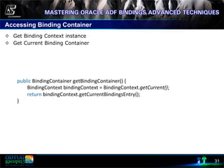 Accessing Binding Container
31
public	
  BindingContainer	
  getBindingContainer()	
  {	
  
	
  	
  	
  	
  	
  	
  	
  	
  BindingContext	
  bindingContext	
  =	
  BindingContext.getCurrent();	
  
	
  	
  	
  	
  	
  	
  	
  	
  return	
  bindingContext.getCurrentBindingsEntry();	
  
}	
  
²  Get Binding Context instance
²  Get Current Binding Container
	
  
 