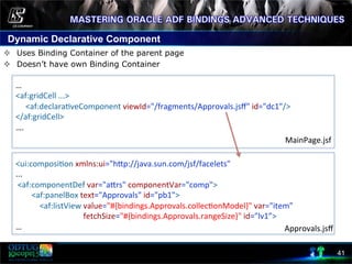 Dynamic Declarative Component
41
²  Uses Binding Container of the parent page
²  Doesn’t have own Binding Container
	
  
…	
  
<af:gridCell	
  ...>	
  
	
  	
  	
  	
  	
  <af:declara8veComponent	
  viewId="/fragments/Approvals.jsﬀ"	
  id="dc1"/>	
  
</af:gridCell>	
  
….	
  
<ui:composi8on	
  xmlns:ui="hcp://java.sun.com/jsf/facelets"	
  	
  
...	
  
	
  <af:componentDef	
  var="acrs"	
  componentVar="comp">	
  
	
  	
  	
  	
  	
  	
  	
  	
  <af:panelBox	
  text="Approvals"	
  id="pb1">	
  
	
  	
  	
  	
  	
  	
  	
  	
  	
  	
  	
  	
  <af:listView	
  value="#{bindings.Approvals.collec8onModel}"	
  var="item”	
  
	
  	
  	
  	
  	
  	
  	
  	
  	
  	
  	
  	
  	
  	
  	
  	
  	
  	
  	
  	
  	
  	
  	
  	
  	
  	
  	
  	
  	
  	
  	
  	
  	
  	
  fetchSize="#{bindings.Approvals.rangeSize}"	
  id="lv1”>	
  
…	
  
MainPage.jsf	
  
Approvals.jsﬀ	
  
 