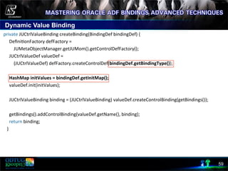 Dynamic Value Binding
59
	
  private	
  JUCtrlValueBinding	
  createBinding(BindingDef	
  bindingDef)	
  {	
  
	
  	
  	
  	
  	
  	
  Deﬁni8onFactory	
  defFactory	
  =	
  	
  
	
  	
  	
  	
  	
  	
  	
  	
  	
  	
  JUMetaObjectManager.getJUMom().getControlDefFactory();	
  
	
  	
  	
  	
  	
  	
  JUCtrlValueDef	
  valueDef	
  =	
  	
  
	
  	
  	
  	
  	
  	
  	
  	
  	
  	
  (JUCtrlValueDef)	
  defFactory.createControlDef(bindingDef.getBindingType());	
  	
  
	
  	
  	
  	
  	
  	
  	
  
	
  	
  	
  	
  	
  	
  HashMap	
  initValues	
  =	
  bindingDef.getInitMap();	
  	
  	
  	
  	
  	
  	
  
	
  	
  	
  	
  	
  	
  valueDef.init(initValues);	
  
	
  	
  	
  	
  	
  	
  	
  	
  	
  
	
  	
  	
  	
  	
  	
  JUCtrlValueBinding	
  binding	
  =	
  (JUCtrlValueBinding)	
  valueDef.createControlBinding(getBindings());	
  
	
  	
  	
  	
  	
  	
  	
  
	
  	
  	
  	
  	
  	
  getBindings().addControlBinding(valueDef.getName(),	
  binding);	
  
	
  	
  	
  	
  	
  	
  return	
  binding;	
  
	
  	
  	
  	
  }	
  
 
