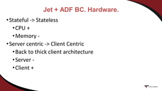 Jet + ADF BC. Hardware.
•Stateful -> Stateless
•CPU +
•Memory -
•Server centric -> Client Centric
•Back to thick client architecture
•Server -
•Client +
 