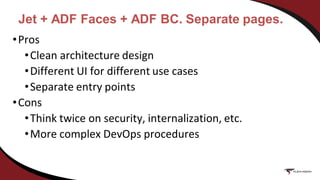 Jet + ADF Faces + ADF BC. Separate pages.
•Pros
•Clean architecture design
•Different UI for different use cases
•Separate entry points
•Cons
•Think twice on security, internalization, etc.
•More complex DevOps procedures
 