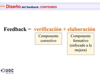 Diseño del feedback: CONTENIDO




Feedback = verificación + elaboración
                   Componente     Componente
                    correctivo     formativo
                                 (enfocado a la
                                    mejora)
 