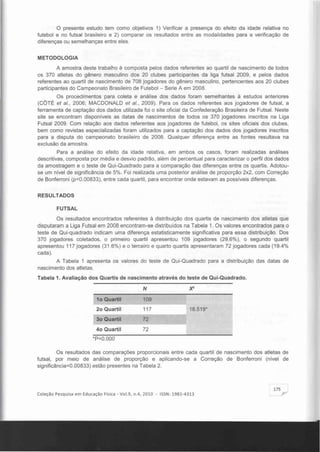 o presente estudo tem como objetivos 1) Verificar a presença do efeito da idade relativa no
futebol e no futsal brasileiro e 2) comparar os resultados entre as modalidades para a verificação de
diferenças ou semelhanças entre eles.
METODOLOGIA
A amostra deste trabalho é composta pelos dados referentes ao quartil de nascimento de todos
os 370 atletas do gênero masculino dos 20 clubes participantes da liga futsal 2009, e pelos dados
referentes ao quartil de nascimento de 708 jogadores do gênero masculino, pertencentes aos 20 clubes
participantes do Campeonato Brasileiro de Futebol - Serie A em 2008.
Os procedimentos para coleta e análise dos dados foram semelhantes à estudos anteriores
(CÓTÉ el ai., 2006; MACDONALD et ai., 2009). Para os dados referentes aos jogadores de futsal, a
ferramenta de captação dos dados utilizada foi o site oficial da Confederação Brasileira de Futsal. Neste
site se encontram disponiveis as datas de nascimentos de todos os 370 jogadores inscritos na Liga
Futsal 2009. Com relação aos dados referentes aos jogadores de futebol, os sites oficiais dos clubes,
bem como revistas especializadas foram utilizados para a captação dos dados dos jogadores inscritos
para a disputa do campeonato brasileiro de 2008. Qualquer diferença entre as fontes resultava na
exclusão da amostra.
Para a análise do efeito da idade relativa, em ambos os casos, foram realizadas análises
descritivas, composta por média e desvio padrão, além de percentual para caracterizar o perfil dos dados
da amostragem e o teste de Qui-Quadrado para a comparação das diferenças entre os quartis. Adotou­
se um nível de significància de 5%. Foi realizada uma posterior análise de proporção 2x2, com Correção
de Bonferroni (p<0.00833), entre cada quartil, para encontrar onde estavam as possíveis diferenças.
RESULTADOS
FUTSAL
Os resultados encontrados referentes à distribuição dos quartis de nascimento dos atletas que
disputaram a Liga Futsal em 2008 encontram-se distribuldos na Tabela 1. Os valores encontrados para o
teste de Qui-quadrado indicam uma diferença estatisticamente significativa para essa distribuição. Dos
370 jogadores coletados, o primeiro quartil apresentou 109 jogadores (29.6%), o segundo quartil
apresentou 117 jogadores (31.6%) e o terceiro e quarto quartis apresentaram 72 jogadores cada (19.4%
cada).
A Tabela 1 apresenta os valores do teste de Qui-Quadrado para a distribuição das datas de
nascimento dos atletas.
Tabela 1. Avaliação dos Quartis de nascimento através do teste de Qui-Quadrado.
N X'
10 Quartll 10S
20 Quartil 117 18.51S'
30 Quartil 72
40 Quartil 72
' P=O.OOO
Os resultados das comparações proporcionais entre cada quartil de nascimento dos atletas de
futsal, por meio de análise de proporção e aplicando-se a Correção de Bonferroni (nível de
significância=0.00833) estão presentes na Tabela 2.
175
Coleção Pesquisa em Educação Flsica - Vo1.9 , n.4, 2010 - ISSN : 1981-4313 -"
 
