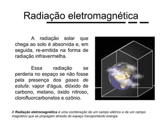 Radiação eletromagnética

        A radiação solar que
 chega ao solo é absorvida e, em
 seguida, re-emitida na forma de
 radiação infravermelha.

         Essa     radiação      se
 perderia no espaço se não fosse
 pela presença dos gases de
 estufa: vapor d'água, dióxido de
 carbono, metano, óxido nitroso,
 clorofluorcarbonetos e ozônio.

A Radiação eletromagnética é uma combinação de um campo elétrico e de um campo
magnético que se propagam através do espaço transportando energia
 