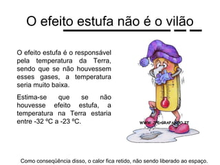 O efeito estufa não é o vilão

O efeito estufa é o responsável
pela temperatura da Terra,
sendo que se não houvessem
esses gases, a temperatura
seria muito baixa.
Estima-se     que      se não
houvesse efeito estufa, a
temperatura na Terra estaria
entre -32 ºC a -23 ºC.




 Como conseqüência disso, o calor fica retido, não sendo liberado ao espaço.
 
