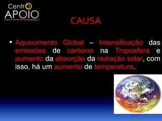 CAUSA

 Aquecimento Global – Intensificação das
 emissões de carbono na Troposfera e
 aumento da absorção da radiação solar, com
 isso, há um aumento de temperatura.
 