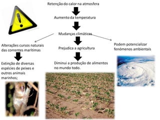 Mudanças climáticas

Alterações cursos naturais                                     Podem potencializar
                               Prejudica a agricultura         fenómenos ambientais
das correntes marítimas


Extinção de diversas         Diminui a produção de alimentos
espécies de peixes e         no mundo todo.
outros animais
marinhos;
 