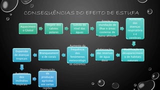 CONSEQUÊNCIAS DO EFEITO DE ESTUFA
Aqueciment
o Global
Degelo dos
calotes
polares
Subida do
nível das
águas
Erosão e
inundação de
ilhas e áreas
costeiras de
baixa altitude
Aumento
das
doenças
respiratória
s e
cerebrais
Modificação e
desapareciment
o de habitats
naturais
Salinização
das reservas
de água
doce
Aumento da
frequência
dos
fenómenos
meteorológic
os extremos
Branqueament
o de corais
Expansão
de doenças
tropicais
Aumentos
dos
incêndios
tropicais
Diminuição
da
produção
agrícolas
em certas
regiões
 