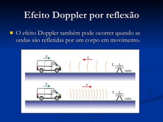 Efeito Doppler por reflexão O efeito Doppler também pode ocorrer quando as ondas são refletidas por um corpo em movimento. 
