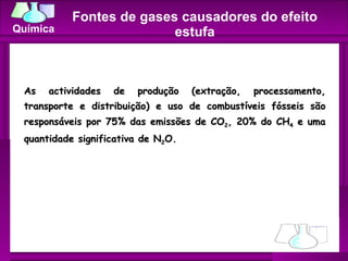 Fontes de gases causadores do efeito estufa As actividades de produção (extração, processamento, transporte e distribuição) e uso de combustíveis fósseis são responsáveis por 75% das emissões de CO 2 , 20% do CH 4  e uma quantidade significativa de N 2 O.  