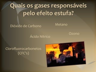 Quais os gases responsáveis
      pelo efeito estufa?
  Dióxido de Carbono          Metano

                                       Ozono
              Ácido Nítrico


Clorofluorocarbonetos
        (CFC’s)
 