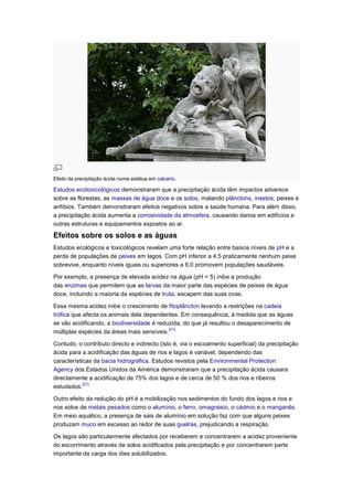 Efeito da precipitação ácida numa estátua em calcário.

Estudos ecotoxicológicos demonstraram que a precipitação ácida têm impactos adversos
sobre as florestas, as massas de água doce e os solos, matando plânctons, insetos, peixes e
anfíbios. Também demonstraram efeitos negativos sobre a saúde humana. Para além disso,
a precipitação ácida aumenta a corrosividade da atmosfera, causando danos em edifícios e
outras estruturas e equipamentos expostos ao ar.

Efeitos sobre os solos e as águas
Estudos ecológicos e toxicológicos revelam uma forte relação entre baixos níveis de pH e a
perda de populações de peixes em lagos. Com pH inferior a 4,5 praticamente nenhum peixe
sobrevive, enquanto níveis iguais ou superiores a 6,0 promovem populações saudáveis.

Por exemplo, a presença de elevada acidez na água (pH < 5) inibe a produção
das enzimas que permitem que as larvas da maior parte das espécies de peixes de água
doce, incluindo a maioria da espécies de truta, escapem das suas ovas.

Essa mesma acidez inibe o crescimento de fitoplâncton levando a restrições na cadeia
trófica que afecta os animais dela dependentes. Em consequência, à medida que as águas
se vão acidificando, a biodiversidade é reduzida, do que já resultou o desaparecimento de
                                            [21]
múltiplas espécies da áreas mais sensíveis.

Contudo, o contributo directo e indirecto (isto é, via o escoamento superficial) da precipitação
ácida para a acidificação das águas de rios e lagos é variável, dependendo das
características da bacia hidrográfica. Estudos revistos pela Environmental Protection
Agency dos Estados Unidos da América demonstraram que a precipitação ácida causara
directamente a acidificação de 75% dos lagos e de cerca de 50 % dos rios e ribeiros
            [21]
estudados.

Outro efeito da redução do pH é a mobilização nos sedimentos do fundo dos lagos e rios e
nos solos de metais pesados como o alumínio, o ferro, omagnésio, o cádmio e o manganês.
Em meio aquático, a presença de sais de alumínio em solução faz com que alguns peixes
produzam muco em excesso ao redor de suas guelras, prejudicando a respiração.

Os lagos são particularmente afectados por receberem e concentrarem a acidez proveniente
do escorrimento através de solos acidificados pela precipitação e por concentrarem parte
importante da carga dos iões solubilizados.
 