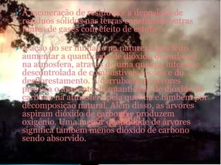  A incineração de resíduos e a deposição de
resíduos sólidos nas terras constituem outras
fontes de gases com efeito de estufa
 A ação do ser humano na natureza tem feito
aumentar a quantidade de dióxido de carbono
na atmosfera, através de uma queima intensa e
descontrolada de combustíveis fósseis e do
desflorestamento. A derrubada de árvores
provoca o aumento da quantidade de dióxido de
carbono na atmosfera pela queima e também por
decomposição natural. Além disso, as árvores
aspiram dióxido de carbono e produzem
oxigénio. Uma menor quantidade de árvores
significa também menos dióxido de carbono
sendo absorvido.
 