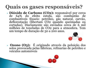  Dióxido de Carbono (CO2): responsável por cerca
de 64% do efeito estufa, são combustão de
combustíveis fósseis: petróleo, gás natural, carvão,
deflorestação (libertam CO2 quando queimadas ou
cortadas). Diariamente são enviados cerca de 6 mil
milhões de toneladas de CO2 para a atmosfera. Tem
um tempo de duração de 50 a 200 anos.
 Ozono (O3): É originado através da poluição dos
solos provocada pelas fábricas, refinarias de petróleo e
veículos automóveis
 