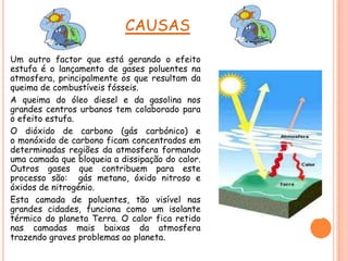 CAUSAS
Um outro factor que está gerando o efeito
estufa é o lançamento de gases poluentes na
atmosfera, principalmente os que resultam da
queima de combustíveis fósseis.
A queima do óleo diesel e da gasolina nos
grandes centros urbanos tem colaborado para
o efeito estufa.
O dióxido de carbono (gás carbónico) e
o monóxido de carbono ficam concentrados em
determinadas regiões da atmosfera formando
uma camada que bloqueia a dissipação do calor.
Outros gases que contribuem para este
processo são: gás metano, óxido nitroso e
óxidos de nitrogénio.
Esta camada de poluentes, tão visível nas
grandes cidades, funciona como um isolante
térmico do planeta Terra. O calor fica retido
nas camadas mais baixas da atmosfera
trazendo graves problemas ao planeta.
 