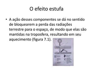 O efeito estufa
• A ação desses componentes se dá no sentido
de bloquearem a perda das radiações
terrestre para o espaço, de modo que elas são
mantidas na troposfera, resultando em seu
aquecimento (figura 7.1).
 