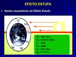 EFEITO ESTUFA
 Gases causadores do Efeito Estufa
 