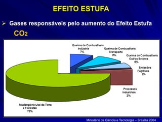 EFEITO ESTUFA
 Gases responsáveis pelo aumento do Efeito Estufa
CO2
Ministério da Ciência e Tecnologia – Brasília 2004
 