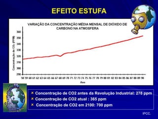 EFEITO ESTUFA
 Concentração de CO2 antes da Revolução Industrial: 278 ppm
 Concentração de CO2 atual : 365 ppm
 Concentração de CO2 em 2100: 700 ppm
IPCC.
 