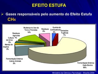 EFEITO ESTUFA
 Gases responsáveis pelo aumento do Efeito Estufa
CH4
Ministério da Ciência e Tecnologia – Brasília 2004
 