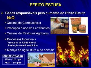 EFEITO ESTUFA
 Gases responsáveis pelo aumento do Efeito Estufa
N2O
 Queima de Combustíveis
 Queima de Resíduos Agrícolas
 Processos Industriais
Produção de Ácido Nítrico
Produção de Ácido Adípico
 Produção e uso de Fertilizantes
 Manejo da agricultura e de animais
CONCENTRAÇÃO
1850 – 275 ppb
Atual – 315 ppb
 