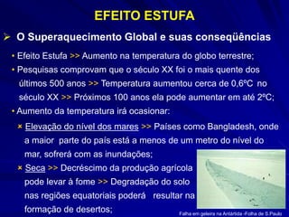 • Efeito Estufa >> Aumento na temperatura do globo terrestre;
• Pesquisas comprovam que o século XX foi o mais quente dos
últimos 500 anos >> Temperatura aumentou cerca de 0,6ºC no
século XX >> Próximos 100 anos ela pode aumentar em até 2ºC;
• Aumento da temperatura irá ocasionar:
 O Superaquecimento Global e suas conseqüências
EFEITO ESTUFA
 Elevação do nível dos mares >> Países como Bangladesh, onde
a maior parte do país está a menos de um metro do nível do
mar, sofrerá com as inundações;
 Seca >> Decréscimo da produção agrícola
pode levar à fome >> Degradação do solo
nas regiões equatoriais poderá resultar na
formação de desertos; Falha em geleira na Antártida -Folha de S.Paulo
 