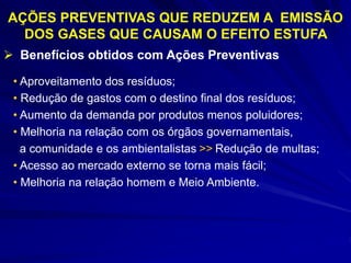 AÇÕES PREVENTIVAS QUE REDUZEM A EMISSÃO
DOS GASES QUE CAUSAM O EFEITO ESTUFA
 Benefícios obtidos com Ações Preventivas
• Aproveitamento dos resíduos;
• Redução de gastos com o destino final dos resíduos;
• Aumento da demanda por produtos menos poluidores;
• Melhoria na relação com os órgãos governamentais,
a comunidade e os ambientalistas >> Redução de multas;
• Acesso ao mercado externo se torna mais fácil;
• Melhoria na relação homem e Meio Ambiente.
 