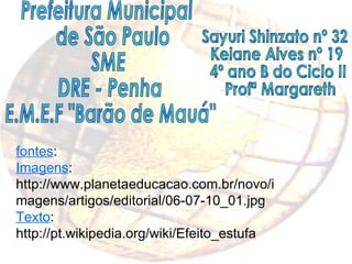 Sayuri Shinzato nº 32 Keiane Alves nº 19 4º ano B do Ciclo II Profª Margareth Prefeitura Municipal  de São Paulo SME DRE - Penha E.M.E.F "Barão de Mauá" fontes : Imagens : http://www.planetaeducacao.com.br/novo/imagens/artigos/editorial/06-07-10_01.jpg Texto : http://pt.wikipedia.org/wiki/Efeito_estufa 