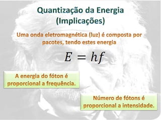 O “quantum” de energia Einstein supôs que a energia E do pacote, ou fóton, está relacionada com sua frequência f pela equação:h = constante de Planck = 6,626.10-34 J.sf = frequência da radiação Ele supôs também que no processo fotoelétrico um fóton é completamente absorvido por um elétron no fotocatodo.Propriedades da Radiação Durante a propagação da luz observamos suas propriedades ondulatórias.