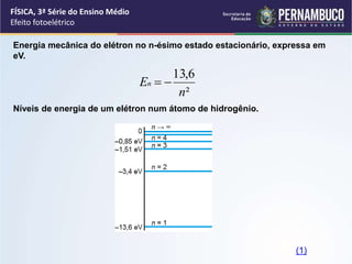 FÍSICA, 3ª Série do Ensino Médio
Efeito fotoelétrico
Energia mecânica do elétron no n-ésimo estado estacionário, expressa em
eV.
Níveis de energia de um elétron num átomo de hidrogênio.
²
6
,
13
n
En 

(1)
 