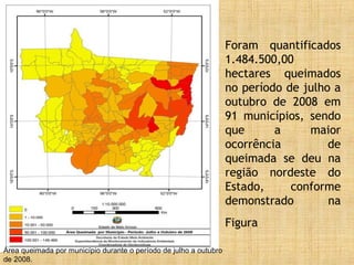 Foram quantificados
1.484.500,00
hectares queimados
no período de julho a
outubro de 2008 em
91 municípios, sendo
que a maior
ocorrência de
queimada se deu na
região nordeste do
Estado, conforme
demonstrado na
Figura
Área queimada por município durante o período de julho a outubro
de 2008.
 